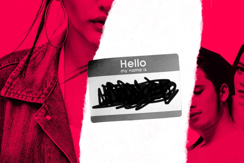 Photo collage of a woman, a couple, and a sticker with someone's name scratched out.